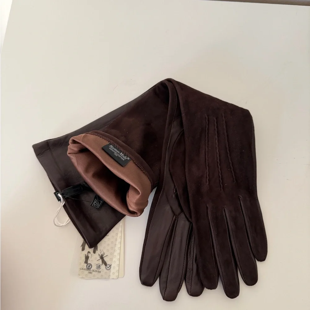 NWT Long Leather & Suede Opera Gloves Brown Premium 6.5